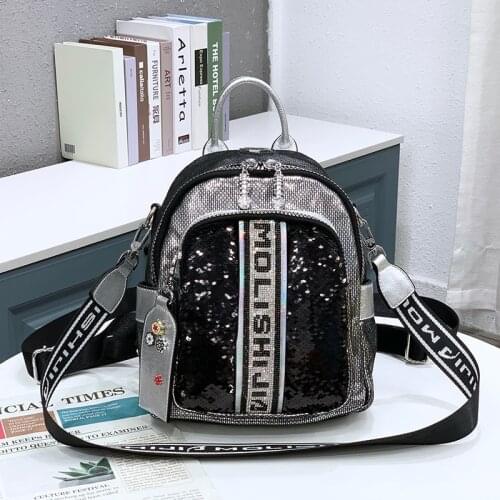 Women Fashion Shinny Sequins Backpack 2021 Female Shoulder Mochila Rivet Big Capacity Daily Feminine Black Knapsack Bag