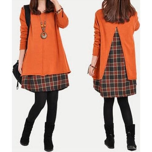 2021 Autumn Winter Women Plaid Spliced Fashion Short Dress Long Sleeve Round Neck Loose Casual Party Female Vintage Dresses