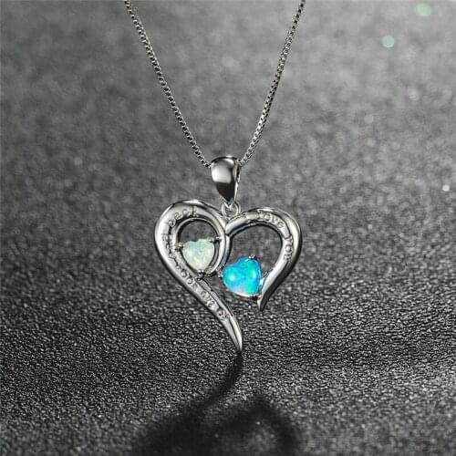 Boho Female Big Heart Pendant Necklace White Blue Fire Opal Necklaces For Women Vintage Silver Color Wedding Jewelry