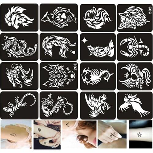 16pcs/set Henna Stencils for Painting Dragon Lion Scorpion Eagle Fox Glitter Airbrush Stencil for Arm Body Pochoir Peinture