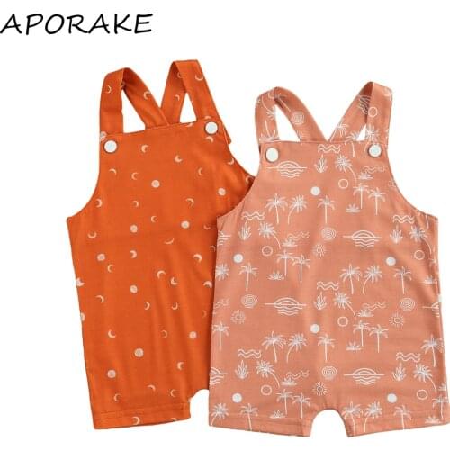 2021 0-3Y Toddler Boys Girls Summer Overalls Sun Moon/Tree Print Sleeveless Suspenders Jumpsuit Playsuit Long Pants