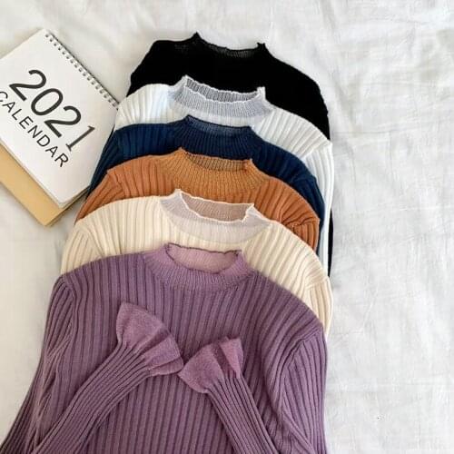 2021 Knitted Women Sweater Pullovers Half Turtleneck Autumn Winter Basic Sweaters Slim Fit Purple Warm Bottom Flare Sleeve Tops