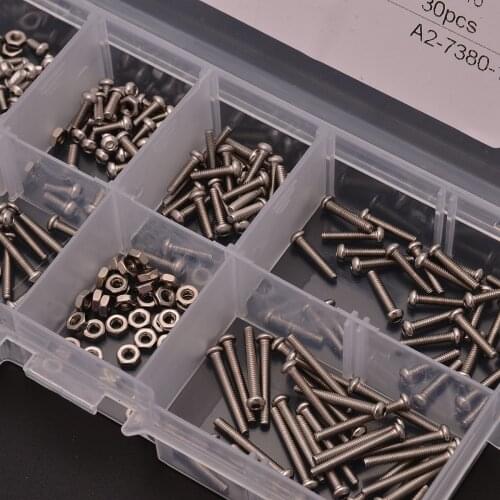 230pcs Stainless Steel M2 Hex Socket Button Head Screw Bolts & Nuts Assortment Kit with Box For Hardware Accessories