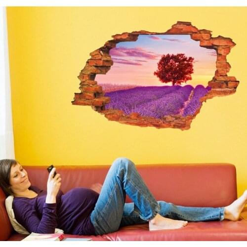 3D Broken Wall Stickers Super Lavender Flower Field Vivid Landscape Home Decor Purple Tree Sunset 3D Wallpaper Stickers