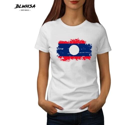 BLWHSA Laos Flag Women T shirt Fashion Short Sleeve Cotton Brand Design T-shirts Printing Laos National Flag Girl Tshirt