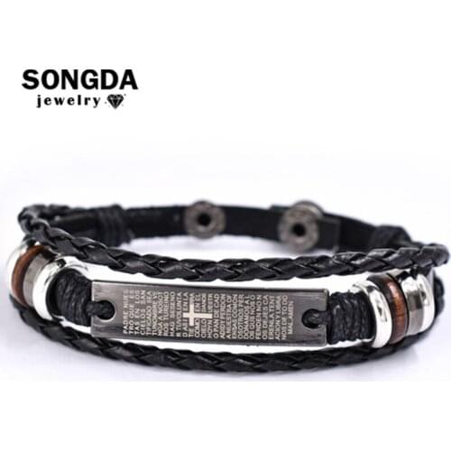 Cross Bible Leather Bracelet Metallic Scripture Spanish English Christian Simple Sense Bangle Jewelry for Religion Believer Gift