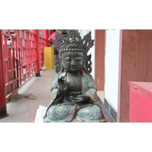 Fast shipping USPS to USA S0782 17 Tibet Mark Old Bronze Copper Cloisonne Tathagata Amitabha RuLai Buddha Statue