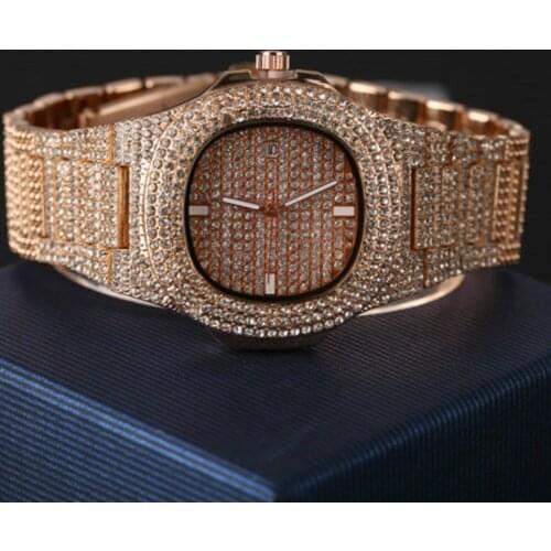 Luxury Men Diamond Watch Automatic Date Quartz Watch Gold Stainless Steel Business Men Watches Top Brand Luxury Hip Hop For Men