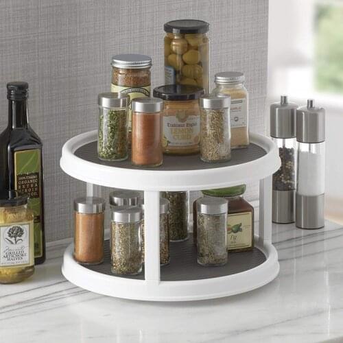 Two Layer Non-Skid Pantry Cabinet Lazy Susan Turntable Kitchen Organizer Seasoning Cans Shelf Bottles Pepper Shakers Storage