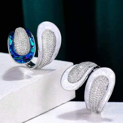 GODKI Luxury Feather Leaf Statement Rings with Enamel Cubic Zirconia Stones 2021 Women Engagement Party Jewelry High Quality