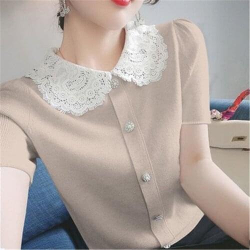 Lace Crochet Peter Pan Collar Knitted Cardigan Womens Summer 2021 New Solid Short Sleeve Loose Button Pullover Plus Size 3XL