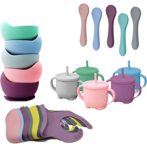 4 Pcs Baby Silicone Bibs Sucker Bowl Spoon Straw Cup Set Training Feeding Dishes 69HE