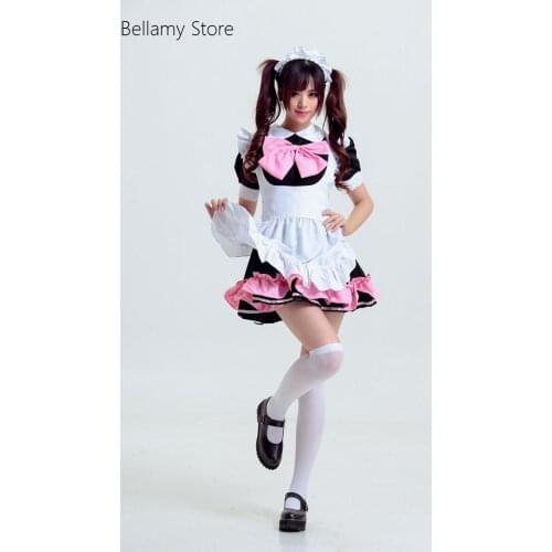 Gothic Lolita White and Pink Cute Bow Pleated lace Cosplay Maid Costume Maid Dress