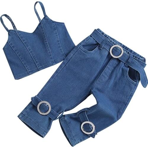 Summer 2 Pcs Infant Denim Outfits Baby Girl Solid Color Spaghetti Strap V-neck Tank Tops + Jeans with Pocket Removable Buckle