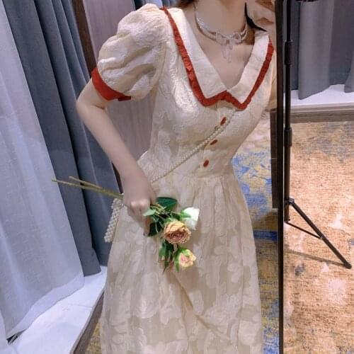 Sweet Girl 2021 Summer French Tender Vintage Fairy Dress Elegant Woman Renaissance Slim Waist Lolita Chic Offiec Lady Midi Dress