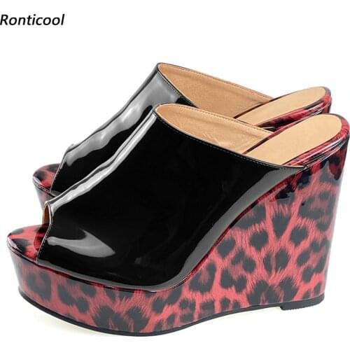 Ronticool Women Mules Sandals Patent Leopard Wedges High Heels Open Toe Gorgeous Black Red Blue White Party Shoes US Size 5-20