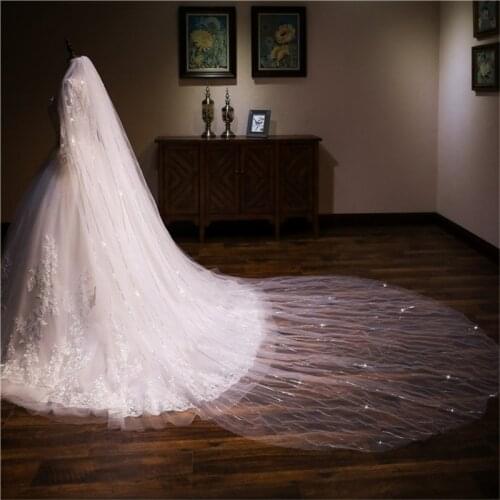 4 Meters Full Edge with Lace Bling Sequins One Layers Long Wedding Veil with Comb White Ivory Bridal Veil 2019