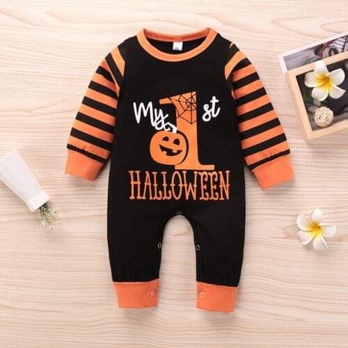 Halloween Autumn Baby Girl Long Sleeve Halloween Cartoon Letter Stripe Print Rompers Kids Boy Jumpsuit