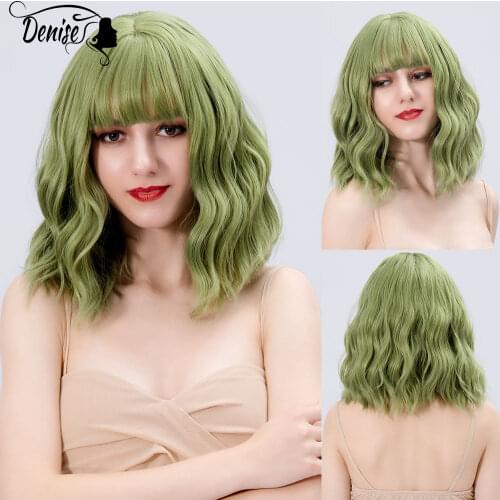 Short Wave Green Colored Cosplay Daily Synthetic Wig For White Women With Bangs Natural Hair Heat Resistant Fiber Female Wigs