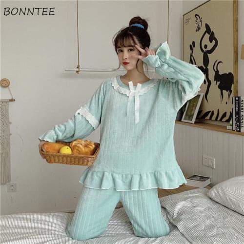 Pajama Sets Women Solid Ruffles Peter Pan Collar Lovely Soft Sleepwear Trendy Coral Fleece Thicken Warm Two Piece Femme Homewear