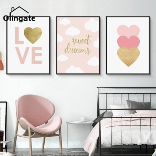 Nursery Nordic Canvas Poster Gold Heart Love Baby Blush Pink Canvas Painting One Piece Wall Art Print Girl Bedroom Home Decor