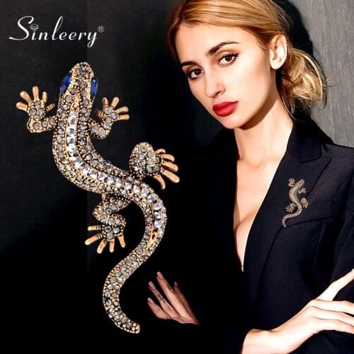 SINLEERY Unique Gecko Brooch Rose Antique Gold Silver Color Inlay Crystal Blue Zircon Eyes Brooches For Women Jewelry XZ122 SSC