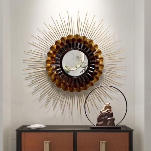 Modern Wrought Iron Sun Shape Decorative Mirror Wall Hangings Home Livingroom 3D Wall Sticker Crafts Hotel Club Wall Mural Decor