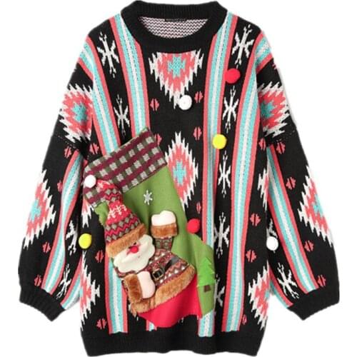 Streetwear Women Long Oversize Sweaters Geometric Pullovers Loose Chirstmas Gift Appliques Winter Knit Balls Sweater NS67