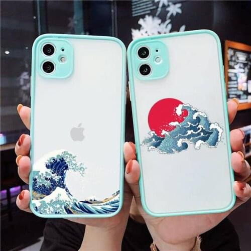 Japan Waves Phone Case For iPhone 12 11 Mini Pro XR XS Max 7 8 Plus X Matte transparent blue Back Cover