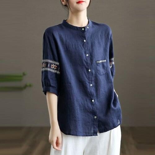 Women Cotton Casual Shirts New Arrival 2021 Summer Vintage Style Embroidery Stand Collar Loose Female Half Sleeve Tops S3822