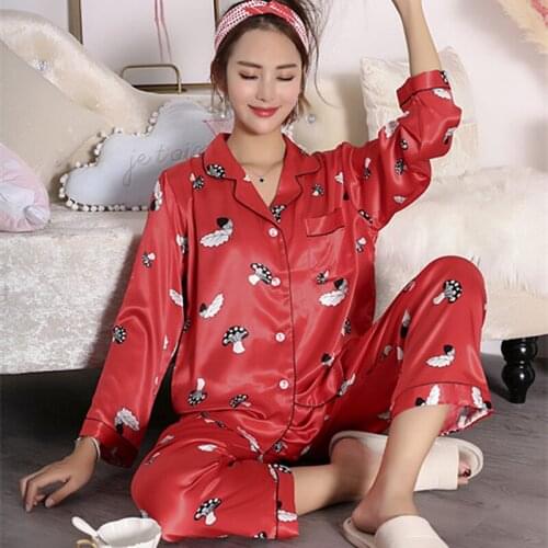 Women Pajamas Ice Silk Suit Female Long-Sleeved Spring Autumn Sexy Noble Large Size Cardigan Thin Simulation Silk Nighties