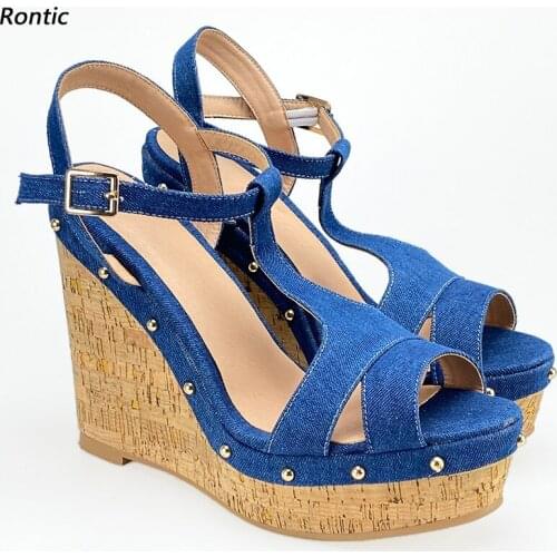 Rontic New Handmade Women T-Strap Sandals Denim Sexy Studs Wedges Heels Open Toe Dark Blue Blue Casual Shoes US Size 5-20