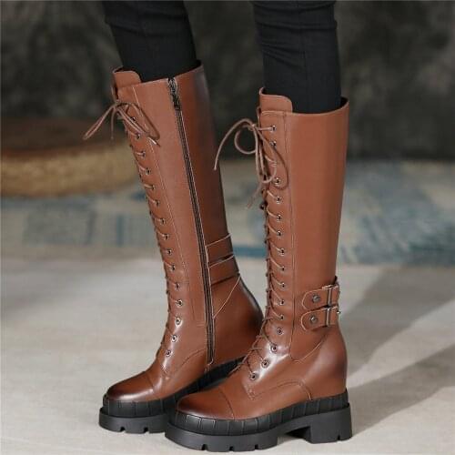 Thigh High Punk Creepers Women Genuine Leather High Heel Motorcycle Boots Female Lace Up Round Toe Platform Pumps Casual Shoes