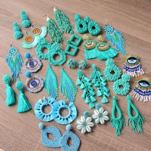 Bohemian Handmade Cotton Silk Fabric Long Fringe Beads Earrings Women Statement Drop Earrings Hanging Earrings Wedding Jewelry