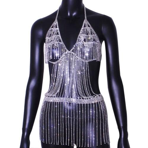 StoneFans Rhinestone Full Tassel Body Swimsuit for Women Summer 2021 Rave Outfit Panties Body Chain Nightclub Bikini Bra Romper