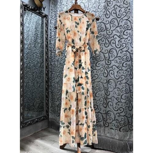 Bohemian Long Dress 2021 Spring Summer Fashion Women O-Neck Charming Floral Print Belt Deco Casual Beach Long Maxi Dress Yellow