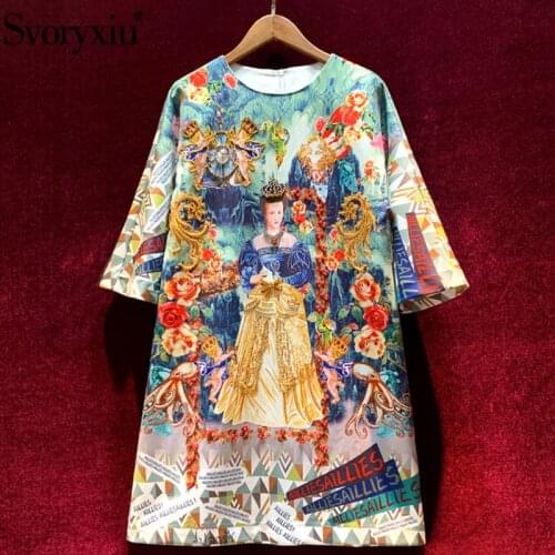Svoryxiu luxury Runway Spring Summer Loose Short Dress Womens Half Sleeve Beaded Our Lady Flower Print Vintage Party Dresses