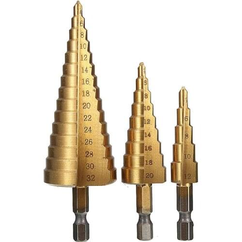 3X Titanium Coated Drill HSS Hex Shank Pagoda Step Cone Drill Bit 4-12/20/32mm Car RV Camper Goods