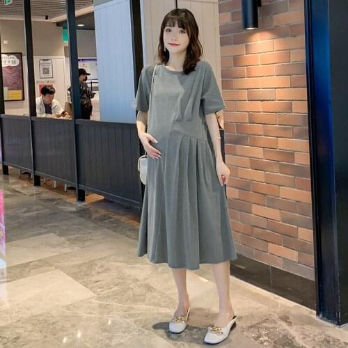 57717# Maternity Clothes Summer Knitted Short Sleeves Loose Stylish Slimming Dress Pregnant Women Pregnancy Clothes