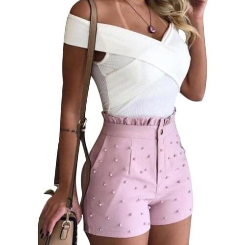 60%HOT Fashion Solid Color High Waist Button Ruffled Beaded Summer Women Shorts Pants
