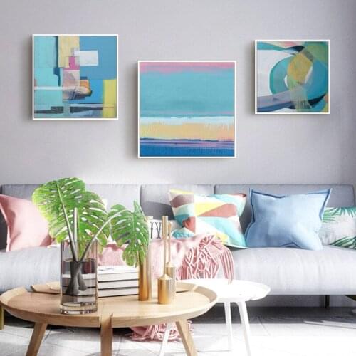 Nordic Style Abstract Yellow Graffiti Geometric Blue Pink Color Block Canvas Painting Wall Picture Poster Living Room Decoration