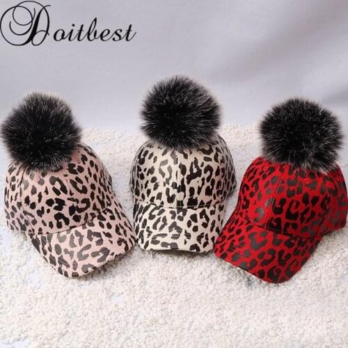 Doitbest 3 to 8 years old Children Hip Hop Child Baseball Cap spring leopard hairball kids Winter Hat Boys Girls snapback Caps