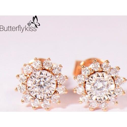 BK 18k Genuine Gold 585 Stud Earrings For Women 1.48g Rose Gold Vs D Color Moissanite Gemstone 7*7mm Flower Shape Lady Jewelry