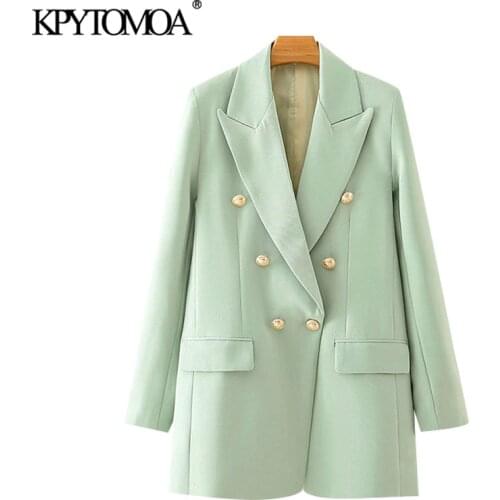 KPYTOMOA Women 2020 Fashion Office Wear Double Breasted Blazer Coat Vintage Long Sleeve Pockets Female Outerwear Chic Tops