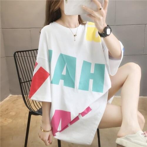 2021 summer fashion new long T-shirt womens cotton O-neck top loose casual hip-hop short-sleeved all-match printed clothes