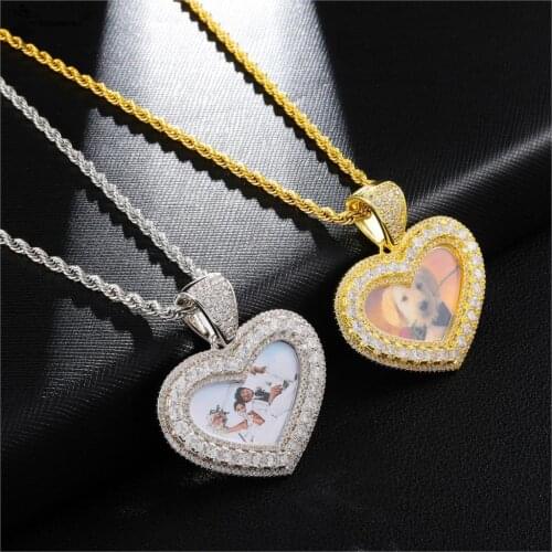 Custom Men Necklace&Pendant Iced Out Cubic Zircon Copper Rope Chain Photo Necklaces Heart Shape Medallions Hip Hop Jewelry Male