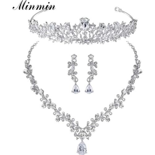 Minmin Shiny Luxury CZ Wedding Jewelry Set Bridal Leaf Teardrop Necklace Earring Crown Gorgeous Princess Jewelry Set TL486+HG126