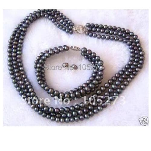 Stunning!3Row AA 7-8MM Black color Genuine Freshwater pearl necklace bracelet earring jewelry set Free shipping Wholesale FN21