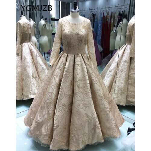 Luxury Ball Gown 2018 Long Evening Dresses Glitter Sequined Sparkly With Long Sleeves Arabic Women Formal Evening Prom Gowns