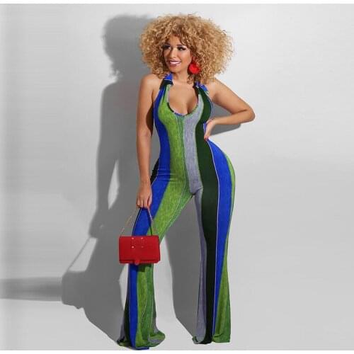 Hirigin Sexy Striped Halter Jumpsuit Outfits 2021 Women Backless Bodycon Bodysuit Clubwear Bell Bottom Rompers Streetwear New